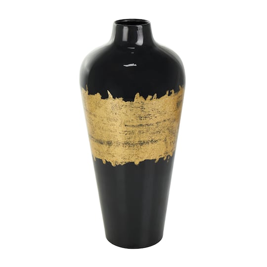 16" Black Metal Abstract Vase with Gold Detailing
